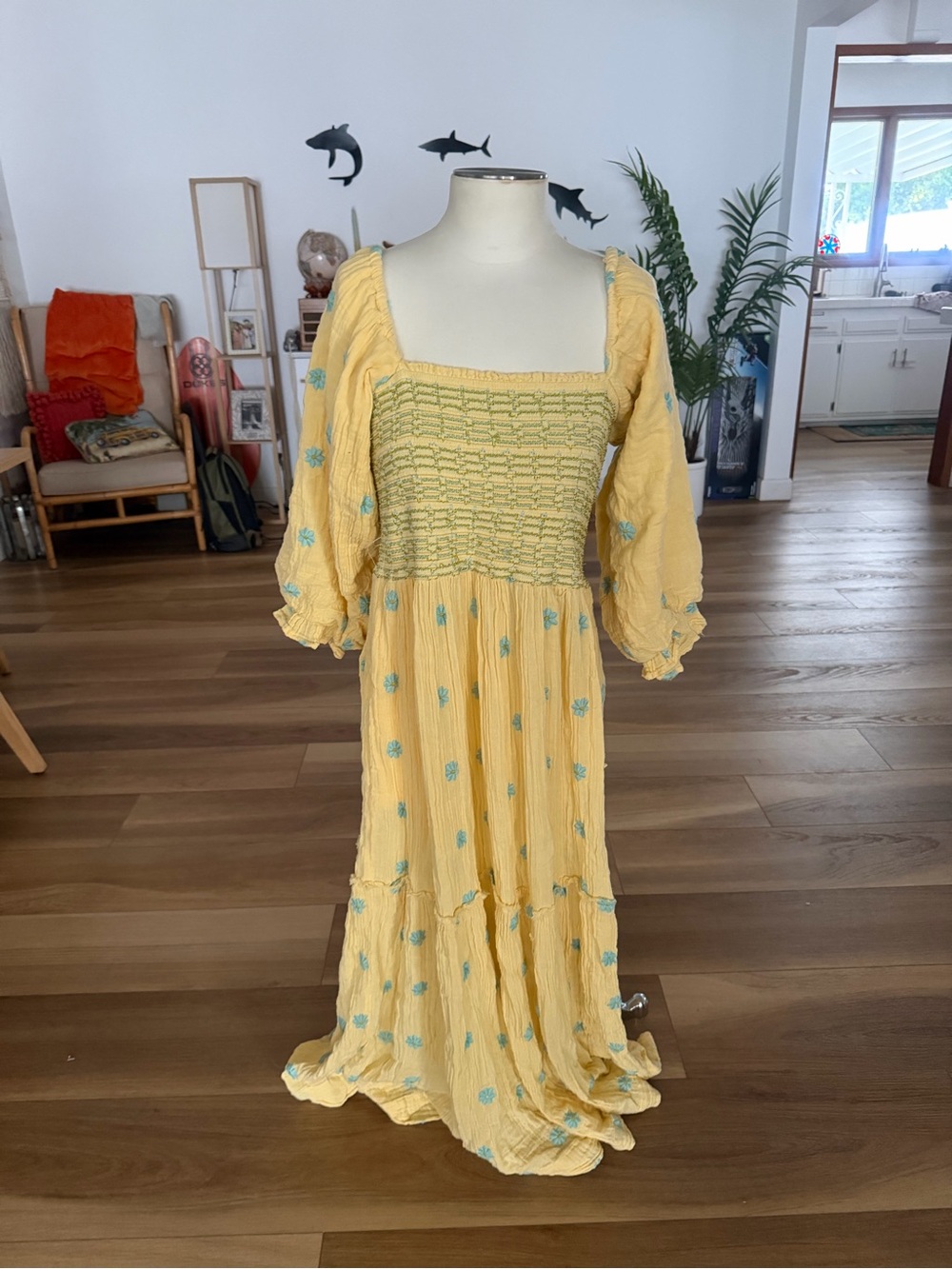 Free People Smocked Square-Neck Yellow Maxi Dress with Blue Floral Embroidery
